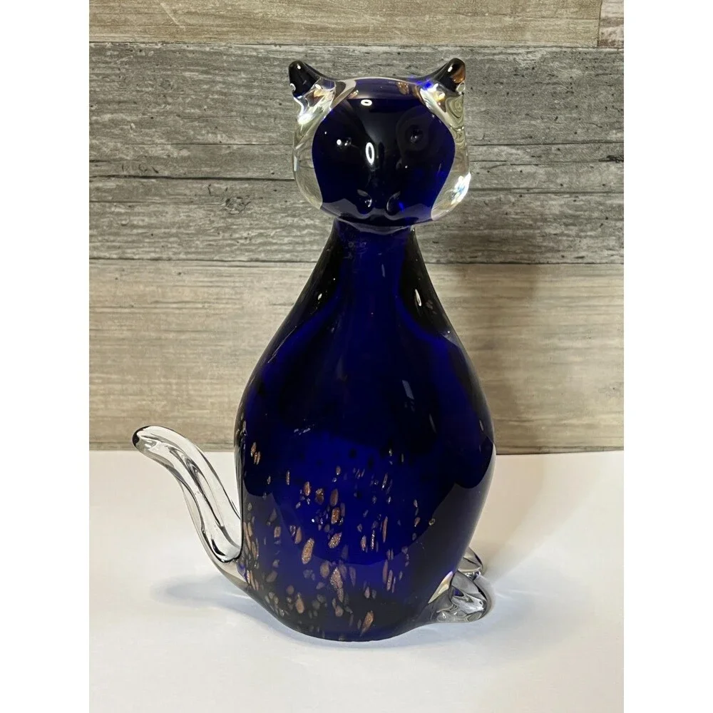 Vintage Art Glass Cobalt Blue and Clear Cat Figurine Gold Copper Flakes Inside